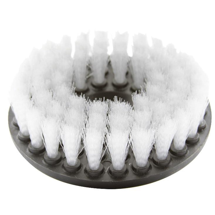 5" Gray carpet and upholstery drill attachment brush with polypropylene bristles.