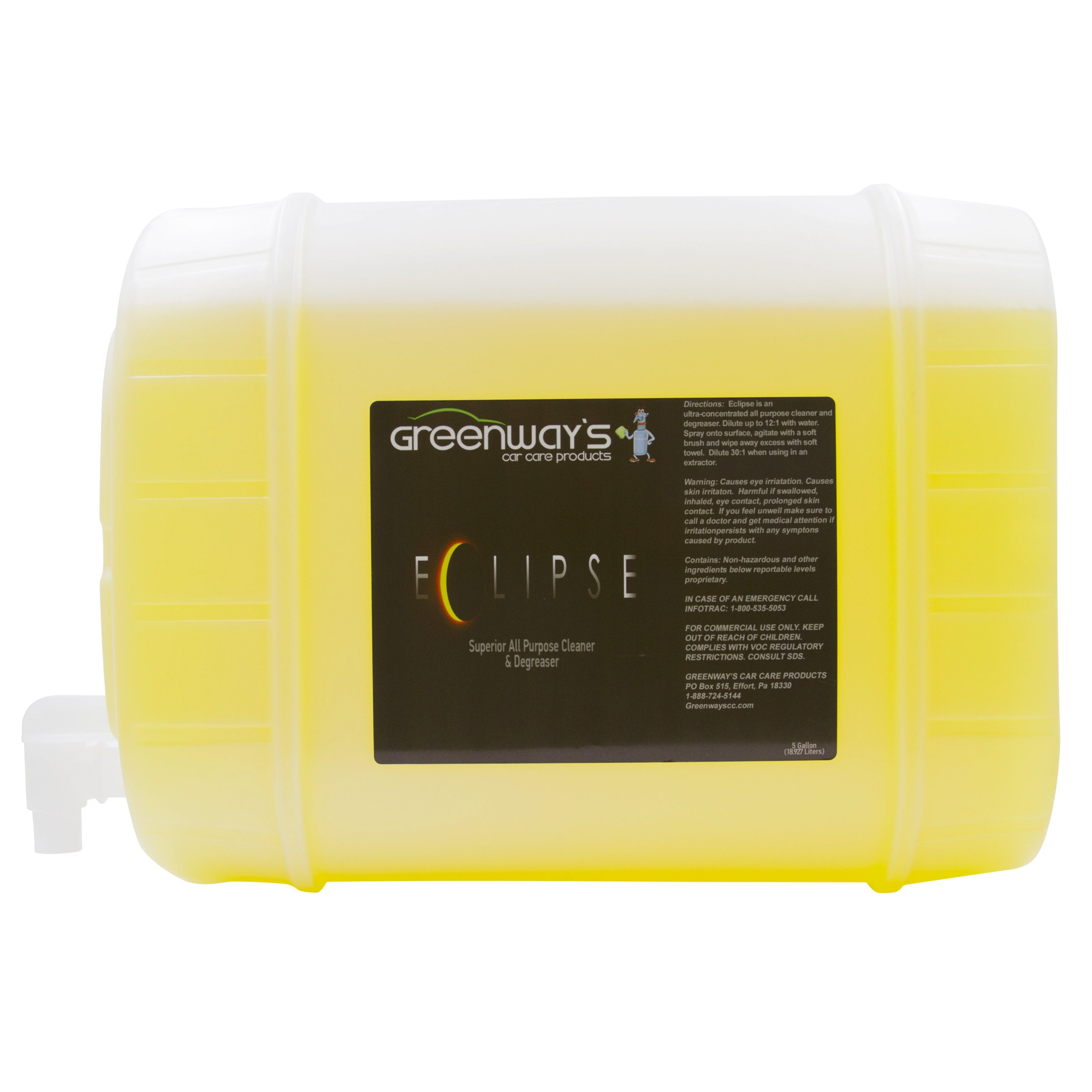 Greenway’s Eclipse, spray and wipe, dual-action all-purpose cleaner, degreaser, free rinsing, optic brighteners, 5 gallons.