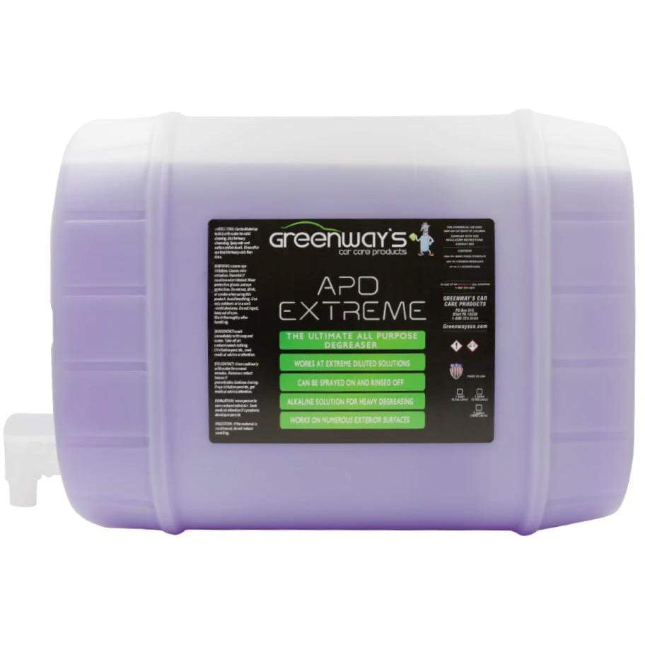 Greenway’s APD Extreme Degreaser, strong formula for tires, wheel wells, engines, heavy machinery, undercarriage, 5 gallons.