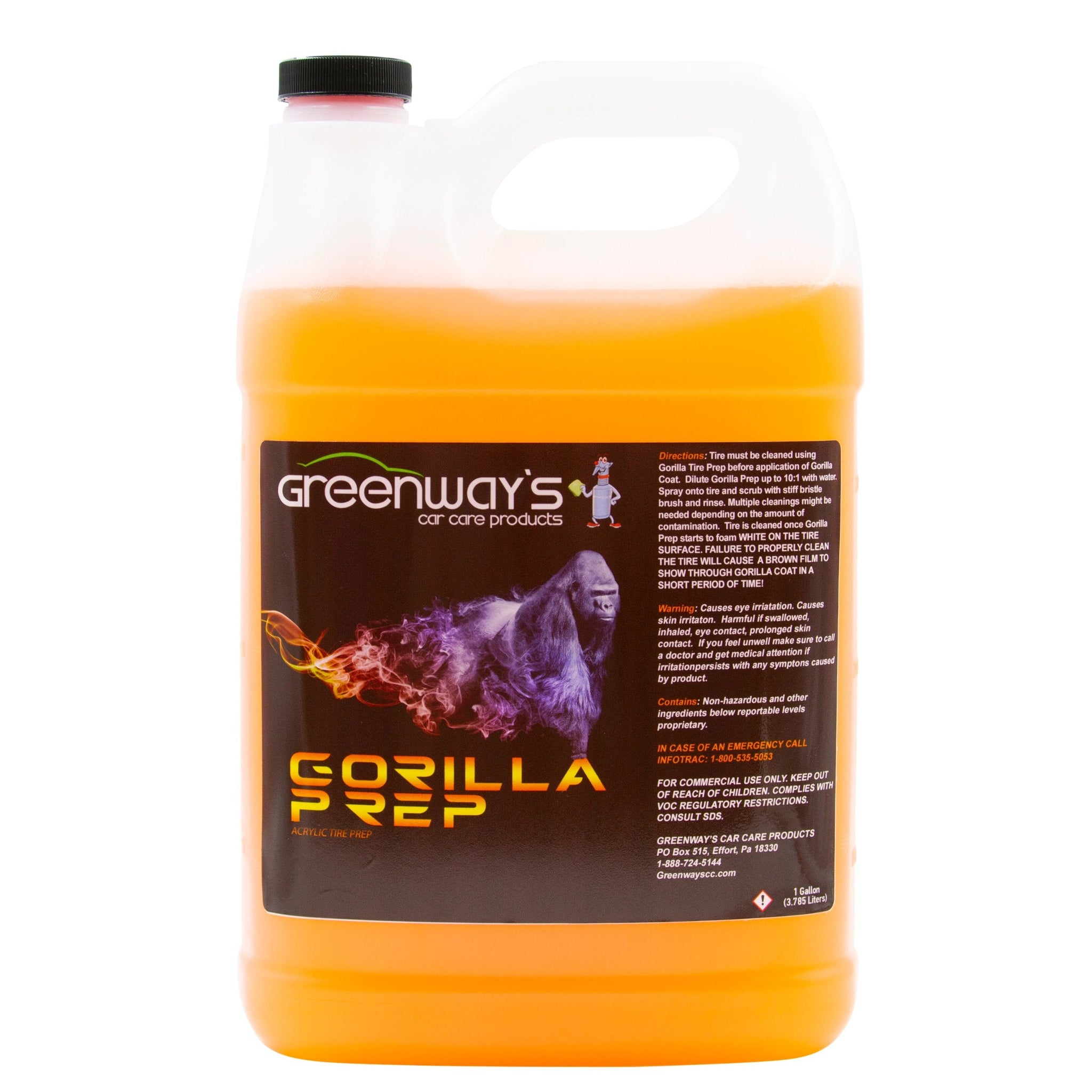 Greenway’s Car Care Products Gorilla Prep, ultra-concentrated foaming acrylic tire shine prep, low or high sheen, 1 gallon.