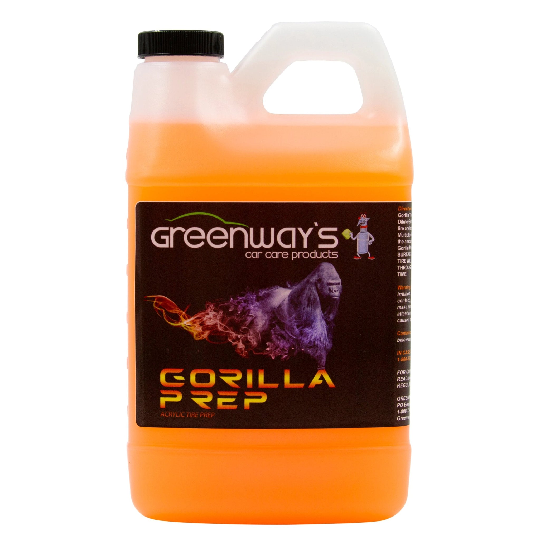 Greenway’s Car Care Products Gorilla Prep, ultra-concentrated foaming acrylic tire shine prep, low or high sheen, 64 ounces.