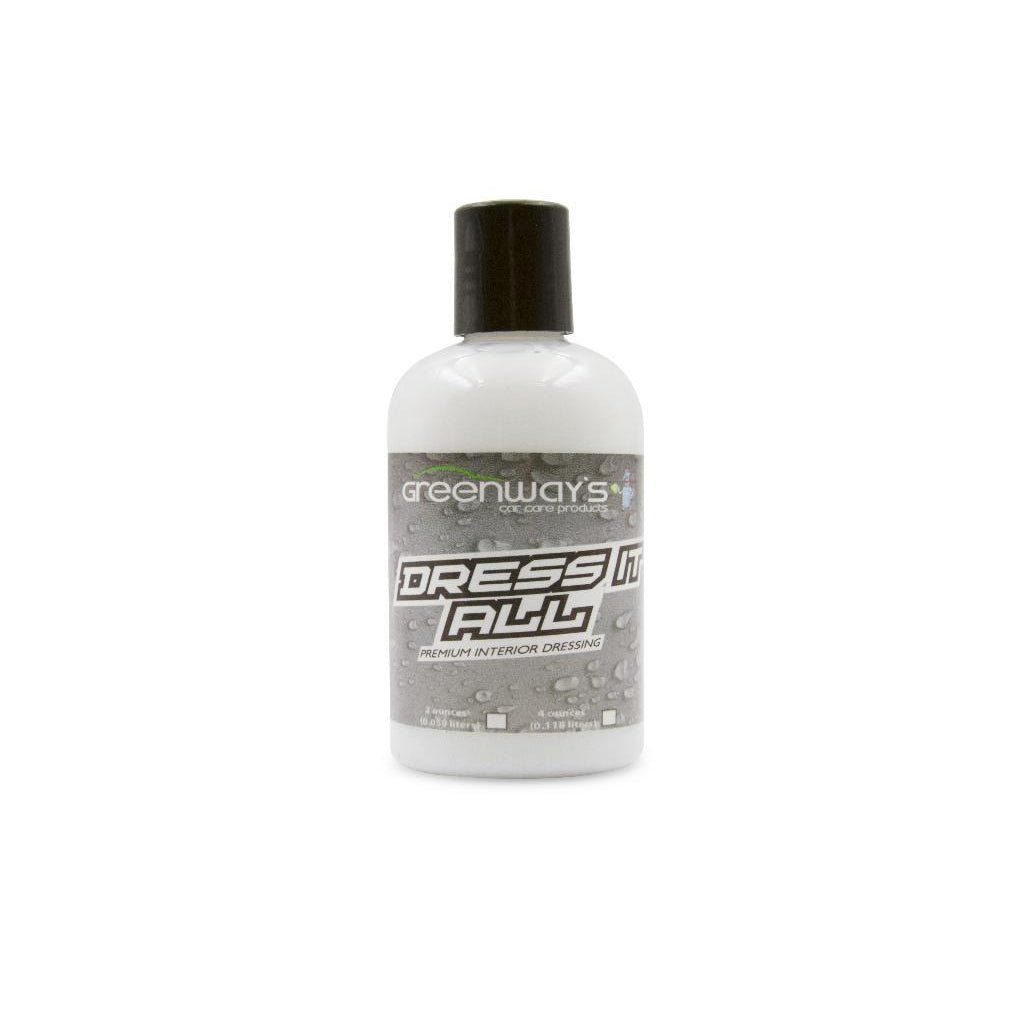 Greenway’s Dress It All, car interior dressing safe for vinyl, rubber, plastic, semi-gloss finish, custom scented, 4 ounces.