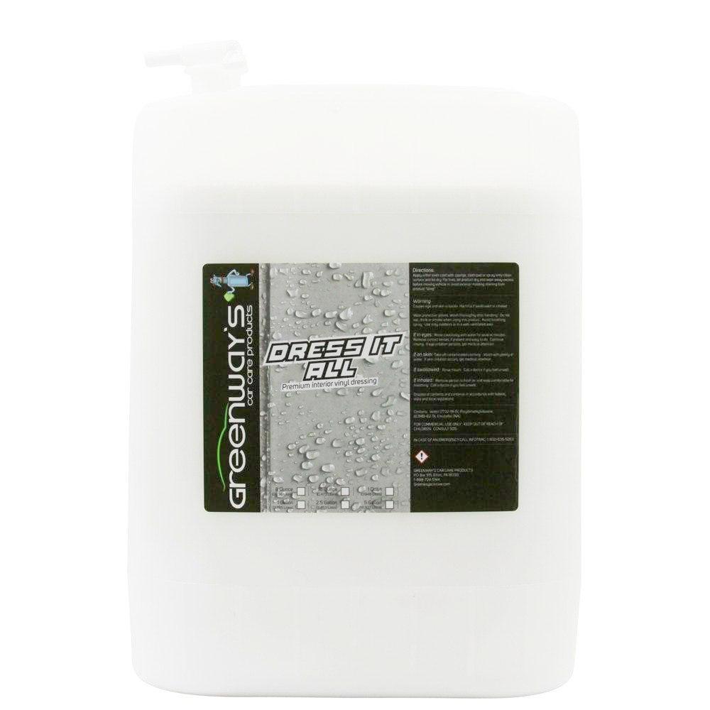 Greenway’s Dress It All, car interior dressing safe for vinyl, rubber, plastic, semi-gloss finish, custom scented, 5 gallons.