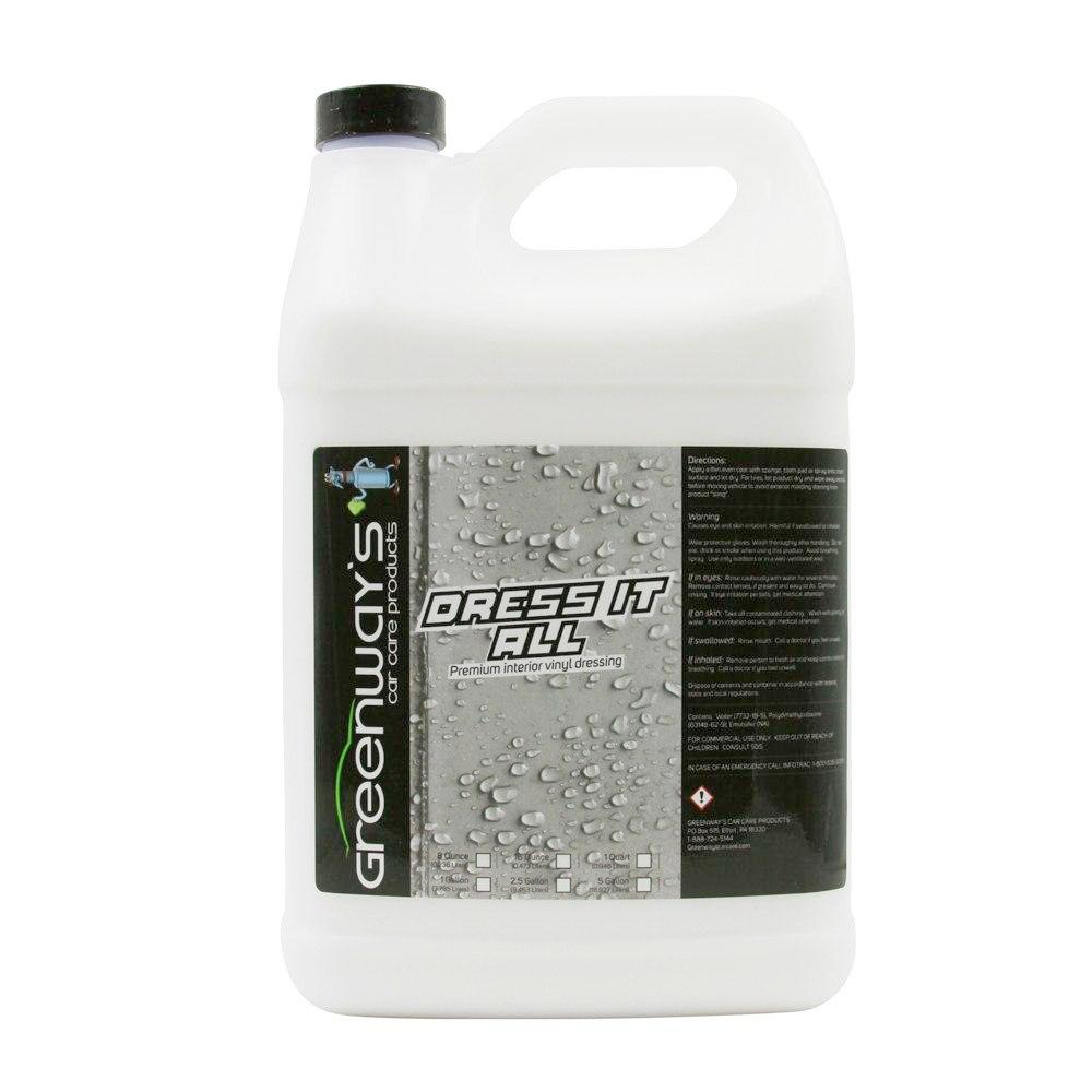Greenway’s Dress It All, car interior dressing safe for vinyl, rubber, plastic, semi-gloss finish, custom scented, 1 gallon.