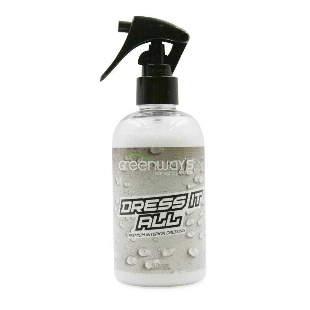 Greenway’s Dress It All, car interior dressing safe for vinyl, rubber, plastic, semi-gloss finish, custom scented, 8 ounces.