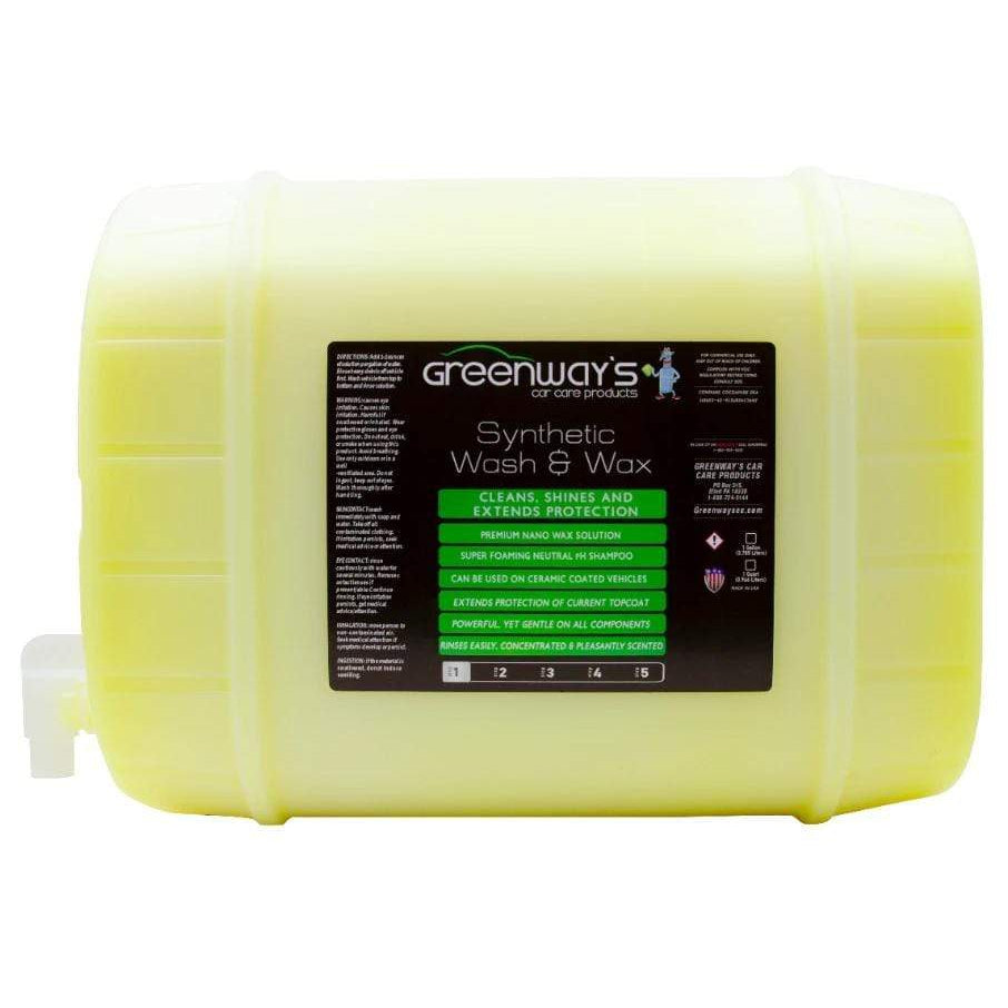 Greenway’s Synthetic Wash and Wax, pH-balanced soap, with polymers and ceramic blend, high foaming and strong, 5 gallons. 