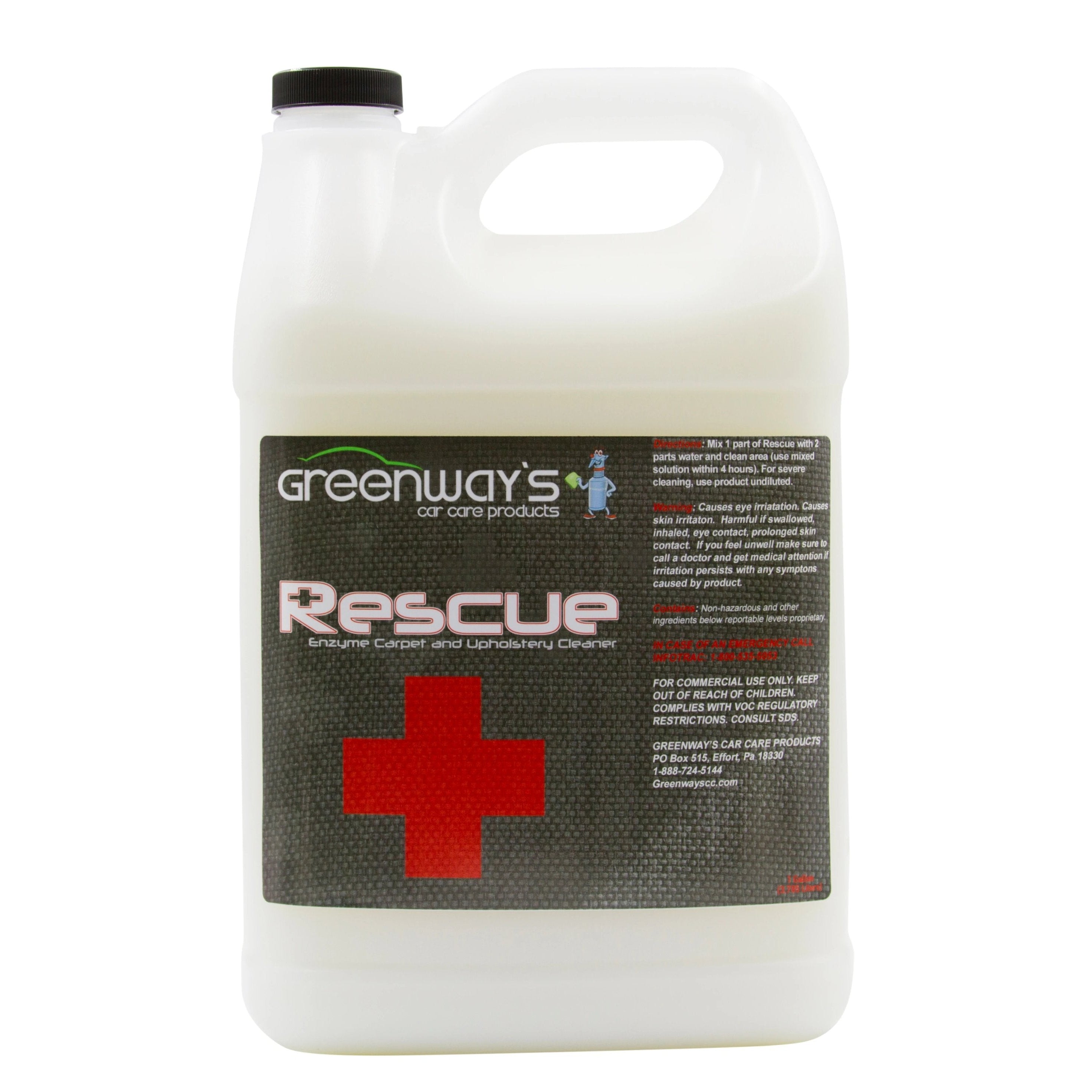 Greenway’s Car Care Products, Rescue, carpet and upholstery deodorizing cleaner for mold, vomit, feces, urine, more. 1 gallon.