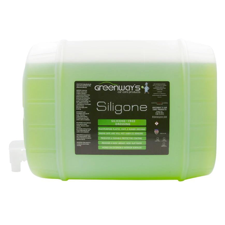 Greenway’s Siligone, silicone-free water-based, deep shine engine and exterior dressing, green apple lime scented, 5 gallons.