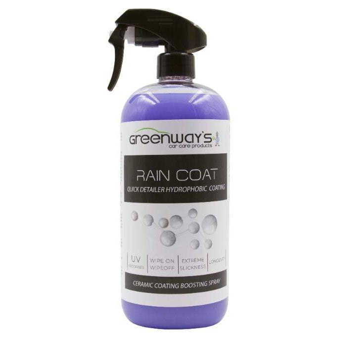 Greenway’s Rain Coat, ultra hydrophobic ceramic detail spray and coating booster, UV absorber, custom scented, 32 ounces.