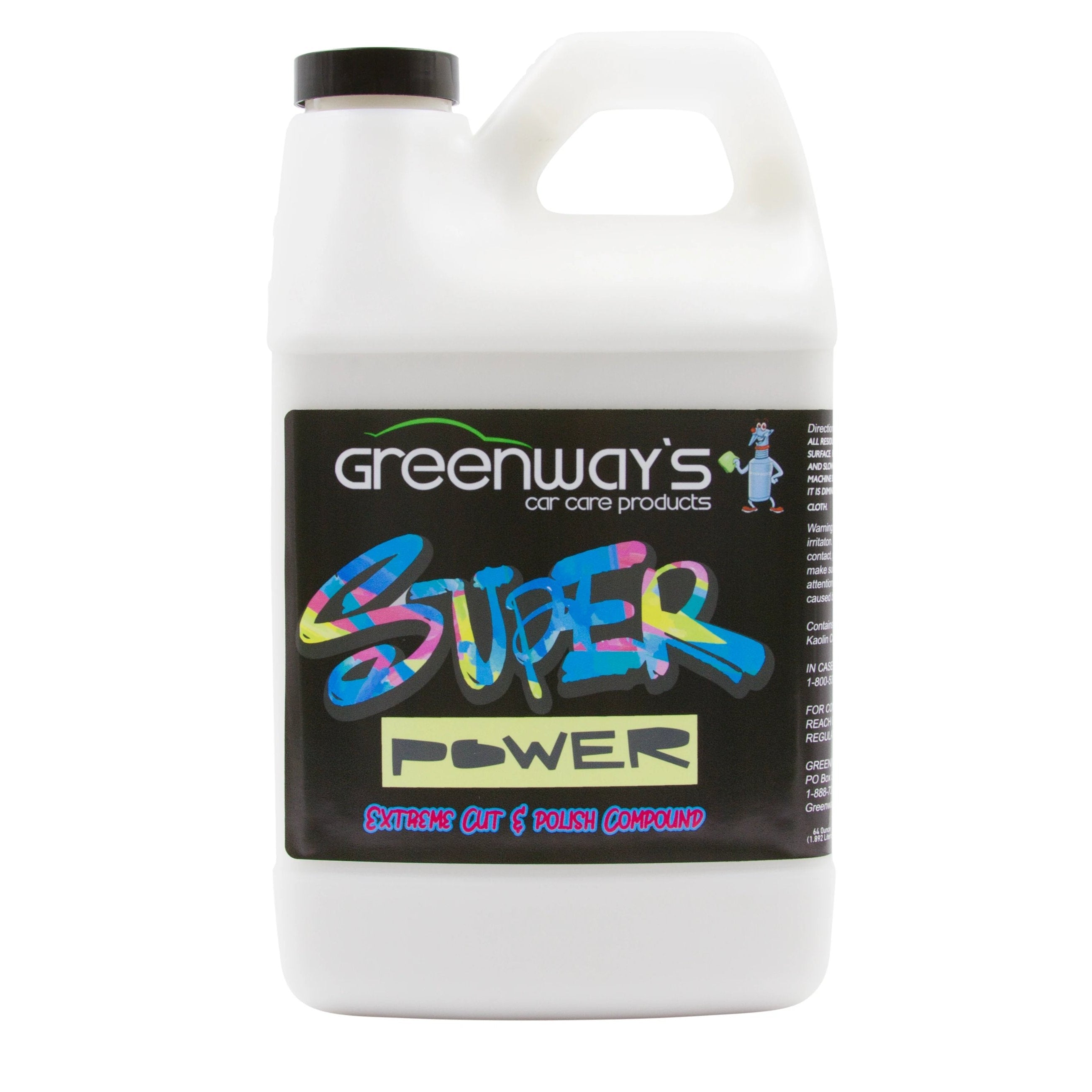 Greenway’s Super Power heavy scratch, major defect, highly aggressive cutting compound, light polisher, wax free, 64 ounces.