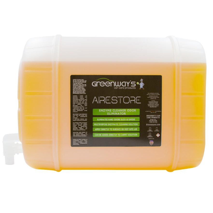 Greenway’s Airestore, citrus-scented enzyme cleaner and odor eliminator for car interior, carpet, upholstery, seat, 5 gallons.