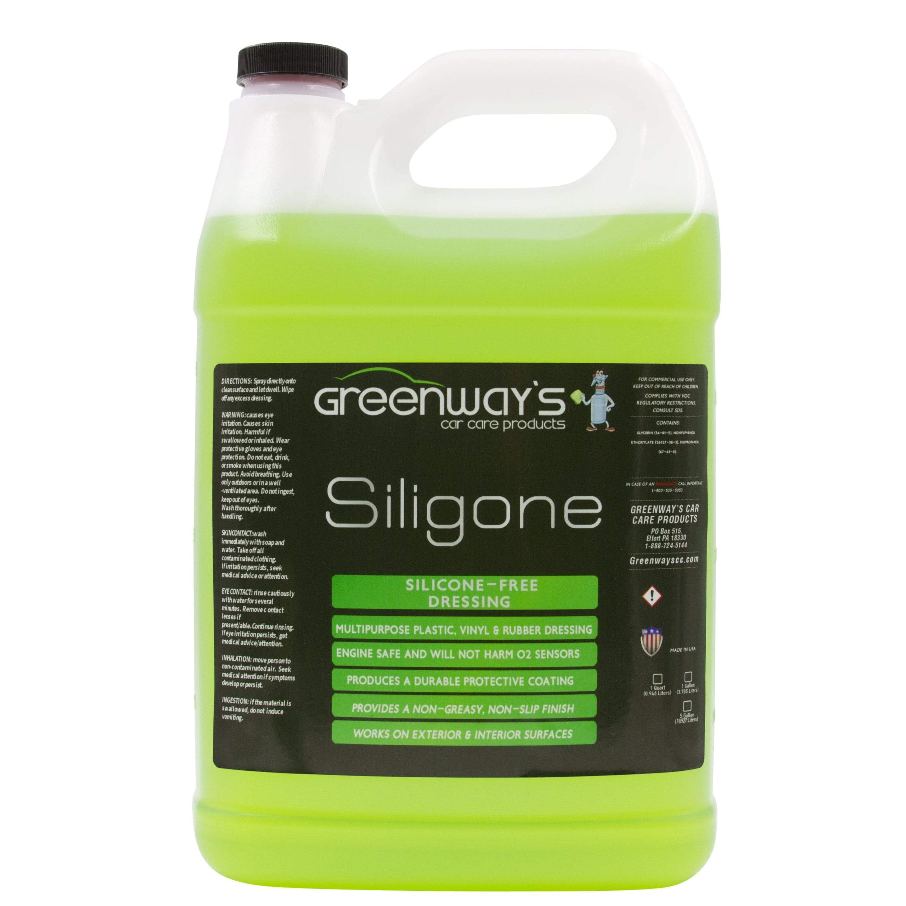Greenway’s Siligone, silicone-free water-based, deep shine engine and exterior dressing, green apple lime scented, 1 gallon.