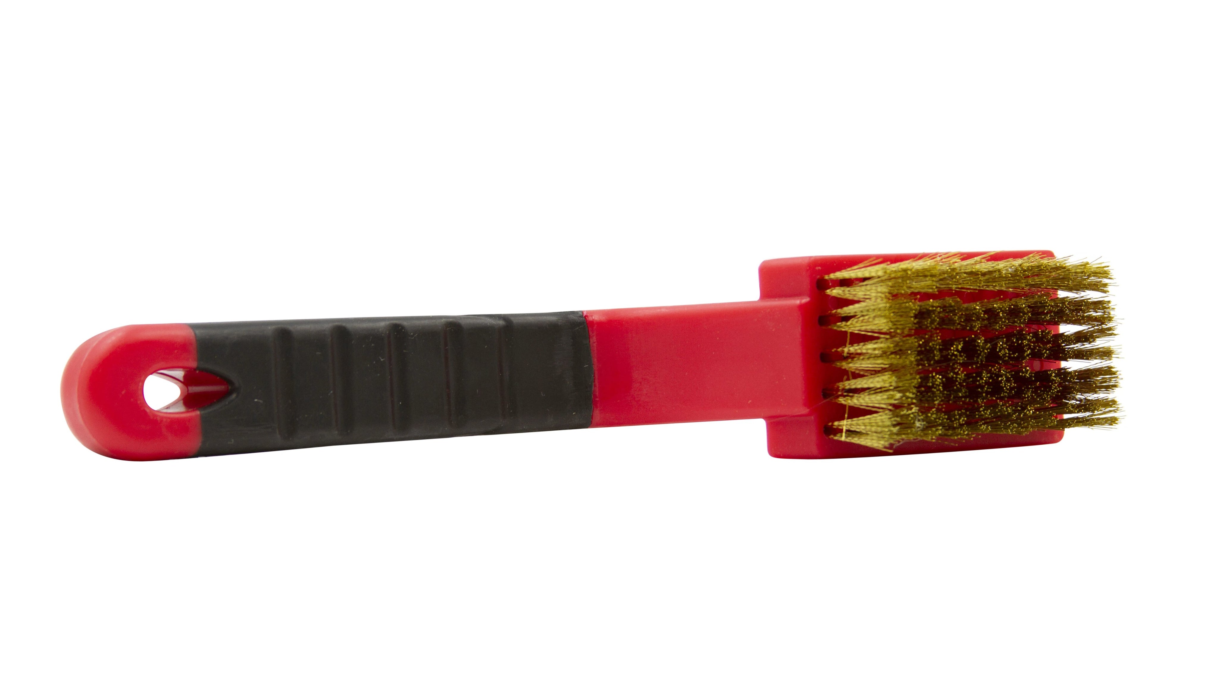 7 ¼ inch red bristle brush with black rubberized handle and ½” brass bristle in foam block for whitewalls and undercarriages.