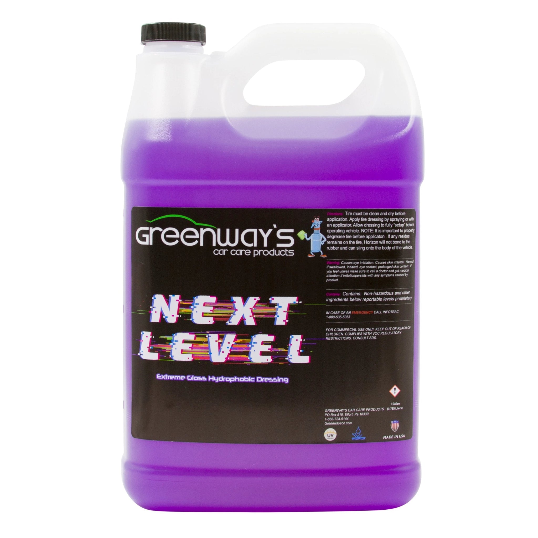 Greenway’s Next Level, extremely glossy, hydrophobic, silicone-free, water-based, sprayable tire shine. 1 gallon.