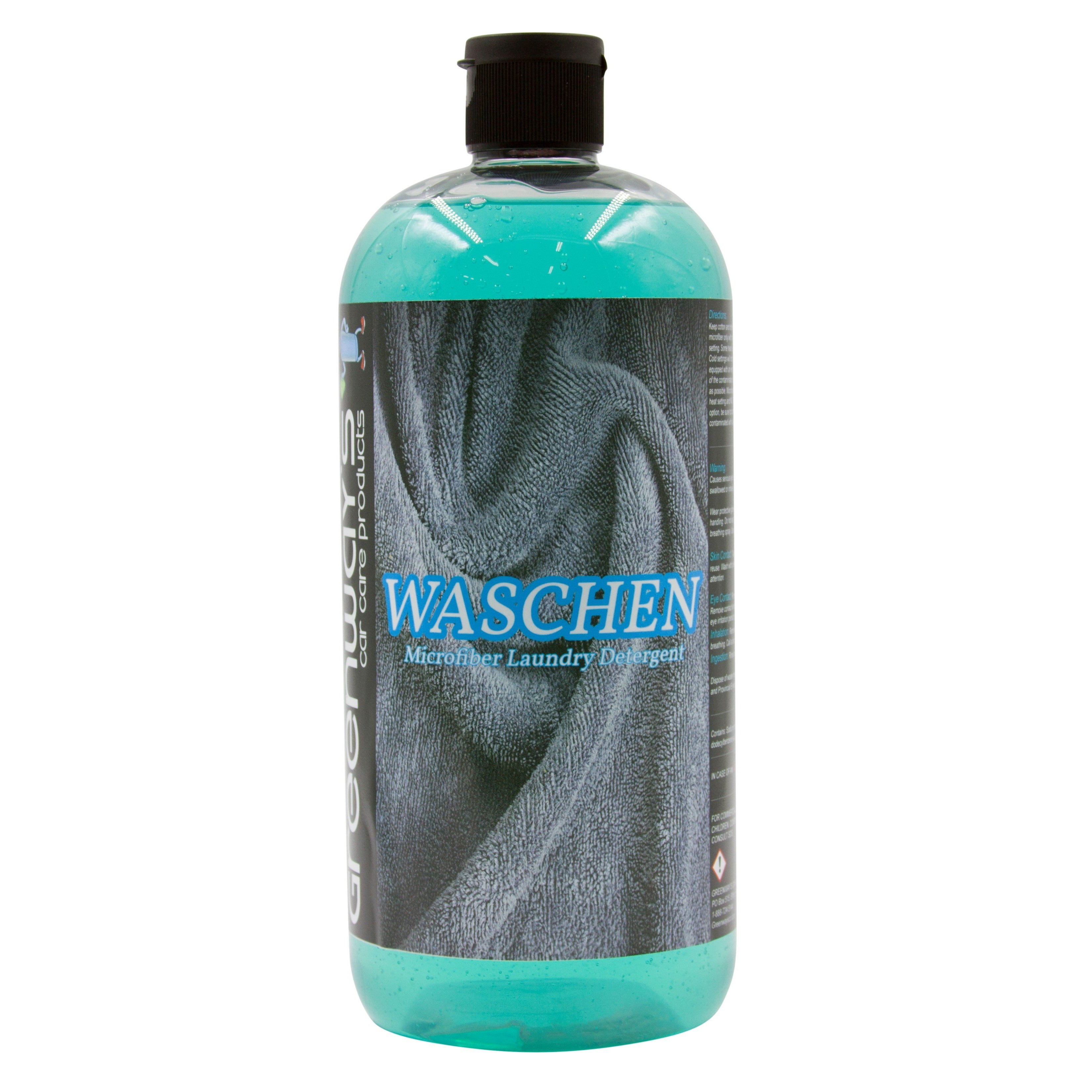 Greenway’s Waschen Microfiber Laundry Detergent, safe for all machines, biodegradable, optic brighteners, 32 ounces.