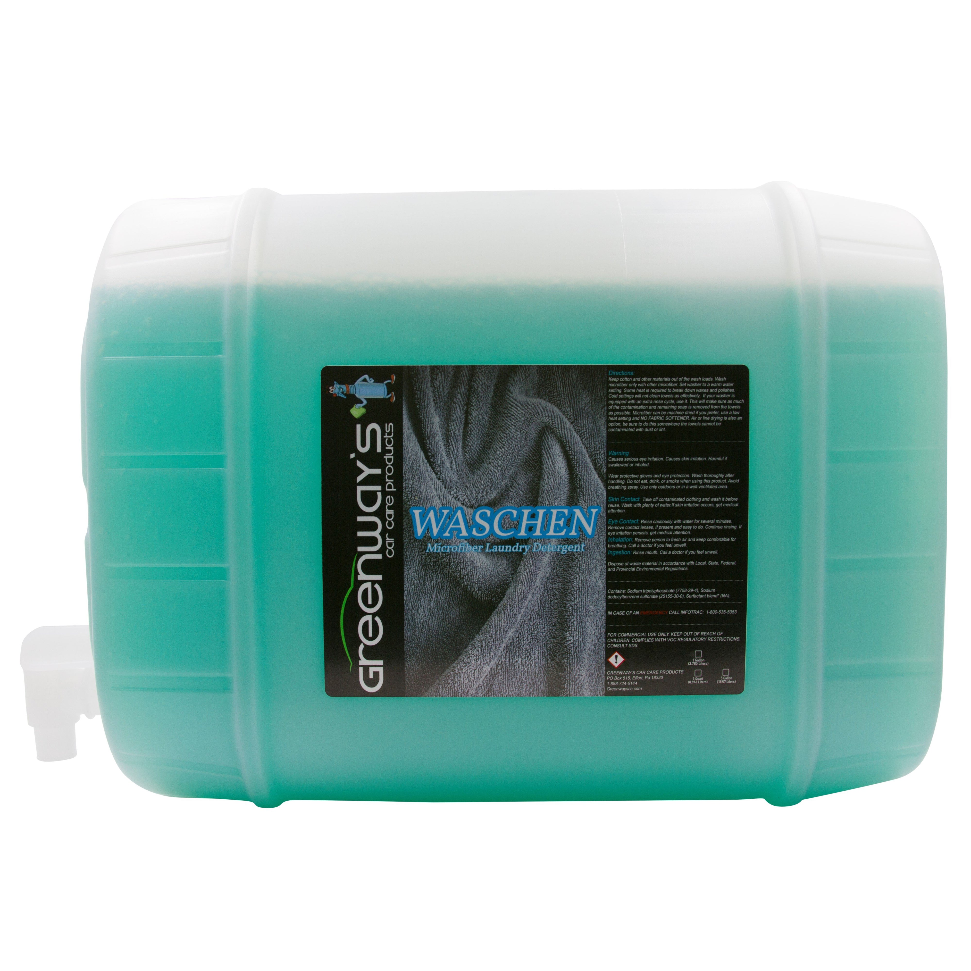 Greenway’s Waschen Microfiber Laundry Detergent, safe for all machines, biodegradable, optic brighteners, 5 gallons.