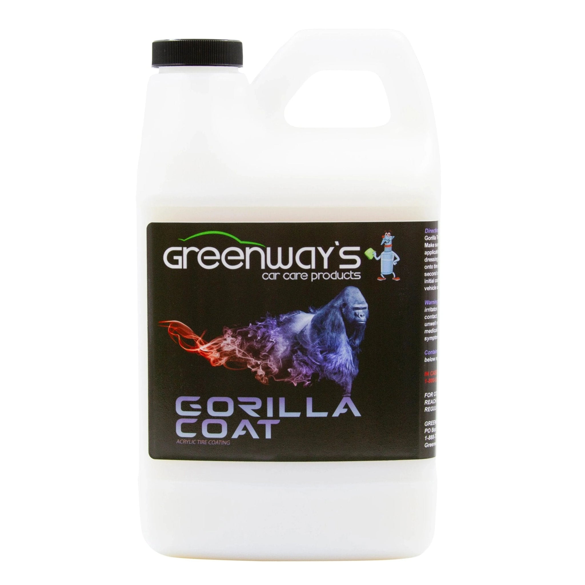 Greenway’s Car Care Products Gorilla Coat, semi-permanent, hydrophobic, satin or high gloss acrylic tire shine coating, 64 ounces.