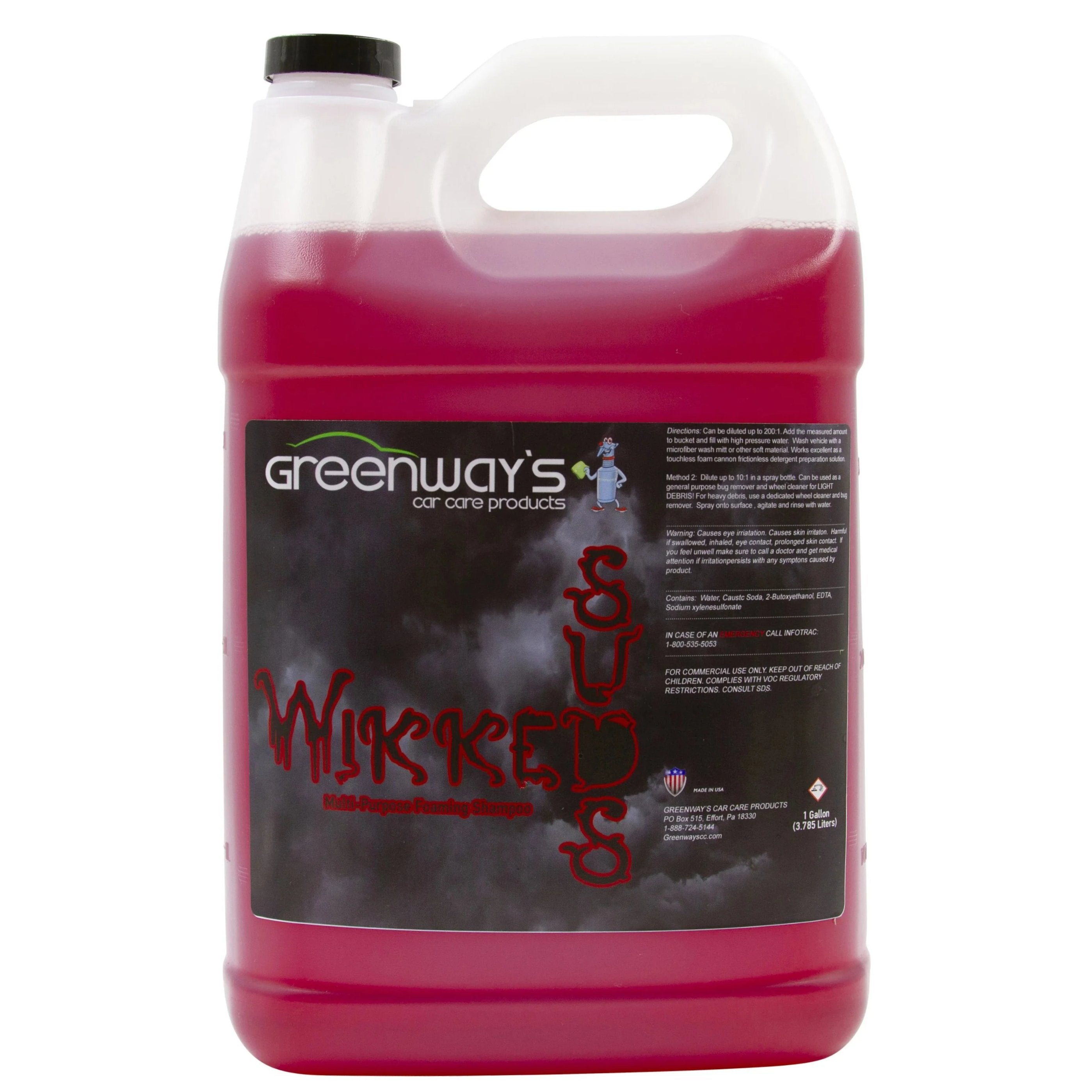 Greenway’s Wikked Suds, high pH and foaming multipurpose car soap, bug, tire and wheel cleaner, foam cannon use, 1 gallon.
