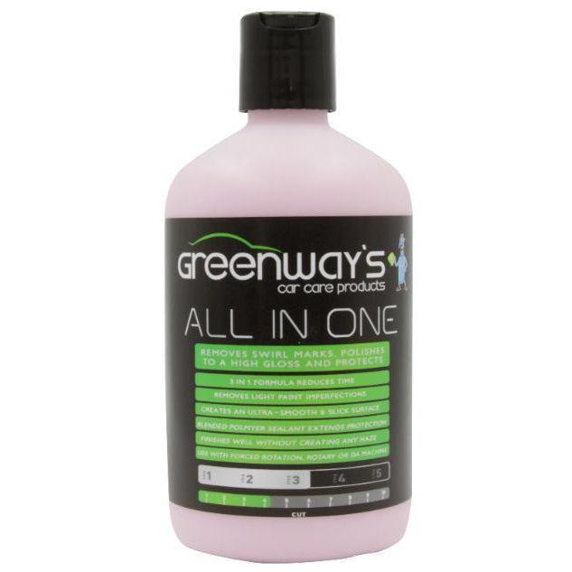 Greenway’s All In One correcter, polisher, and sealant, removes light swirl marks, scratches, streaks, holograms, 64 ounces.