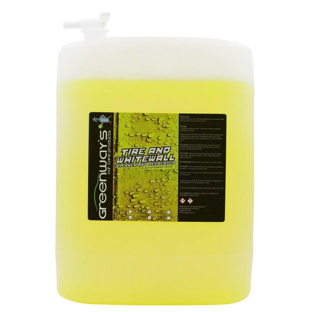 Greenway’s Tire and Whitewall Cleaner and Degreaser, highly concentrated, film-free rinse, safe for aluminum, 5 gallons.