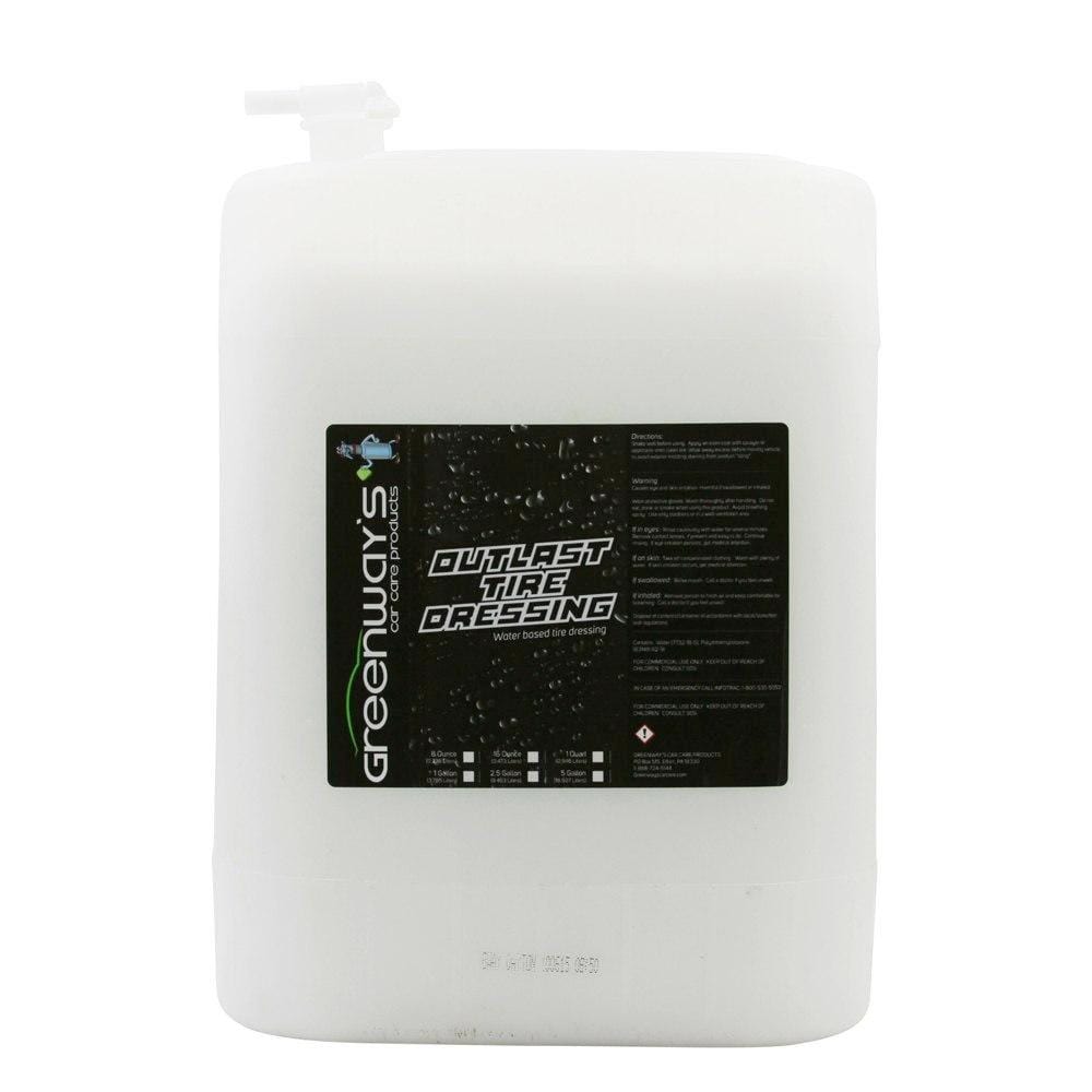 Greenway’s Outlast Tire Dressing, high gloss, water-based containing silicone, durable, and weather-resistant. 5 gallons.