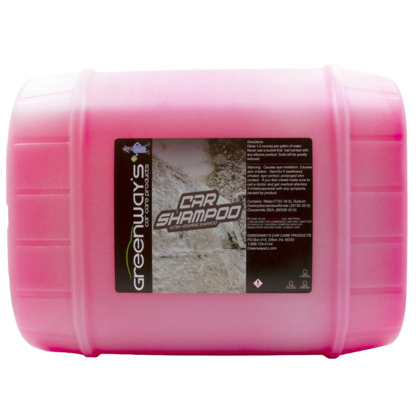 Greenway’s Car Shampoo, ultra foaming, pH balanced, waxless car prep soap, streak and stain-free, rinses easily, 5 gallons.