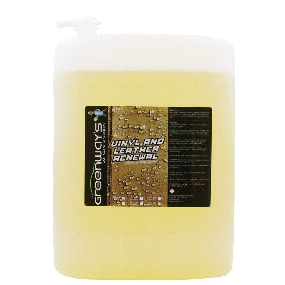 Greenway’s Vinyl and Leather Renewal, gentle car interior cleaner, will not stain or fade leather, 5 gallons.
