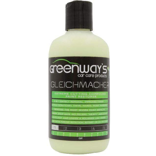 Greenway’s Gleichmacher, low dusting cutting compound for severe defects, no wax, silicone, or fillers, 8 ounces.