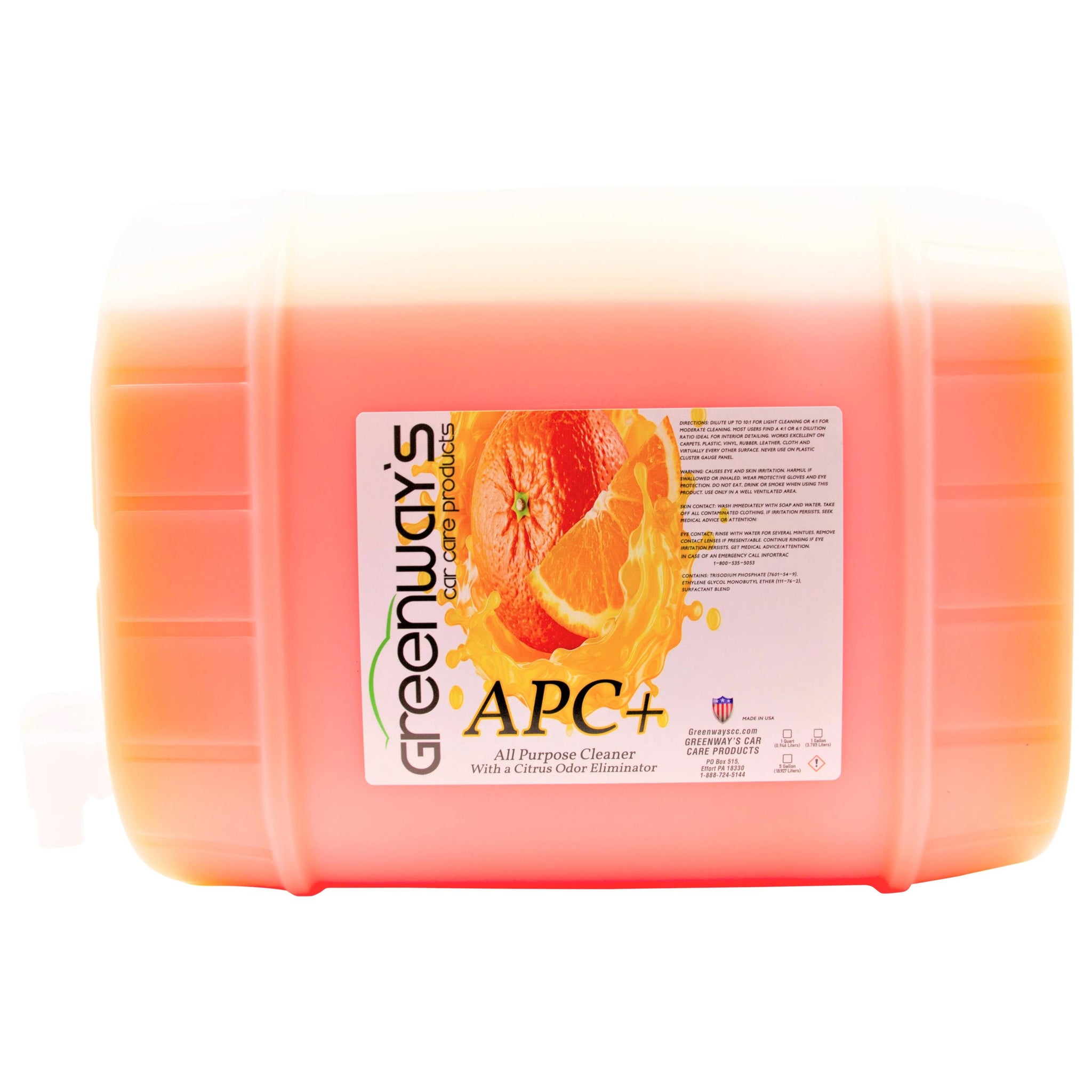 Greenway’s APC+, butyl-free all-purpose car interior deep cleaner with an odor eliminator, citrus-scented, 5 gallons.