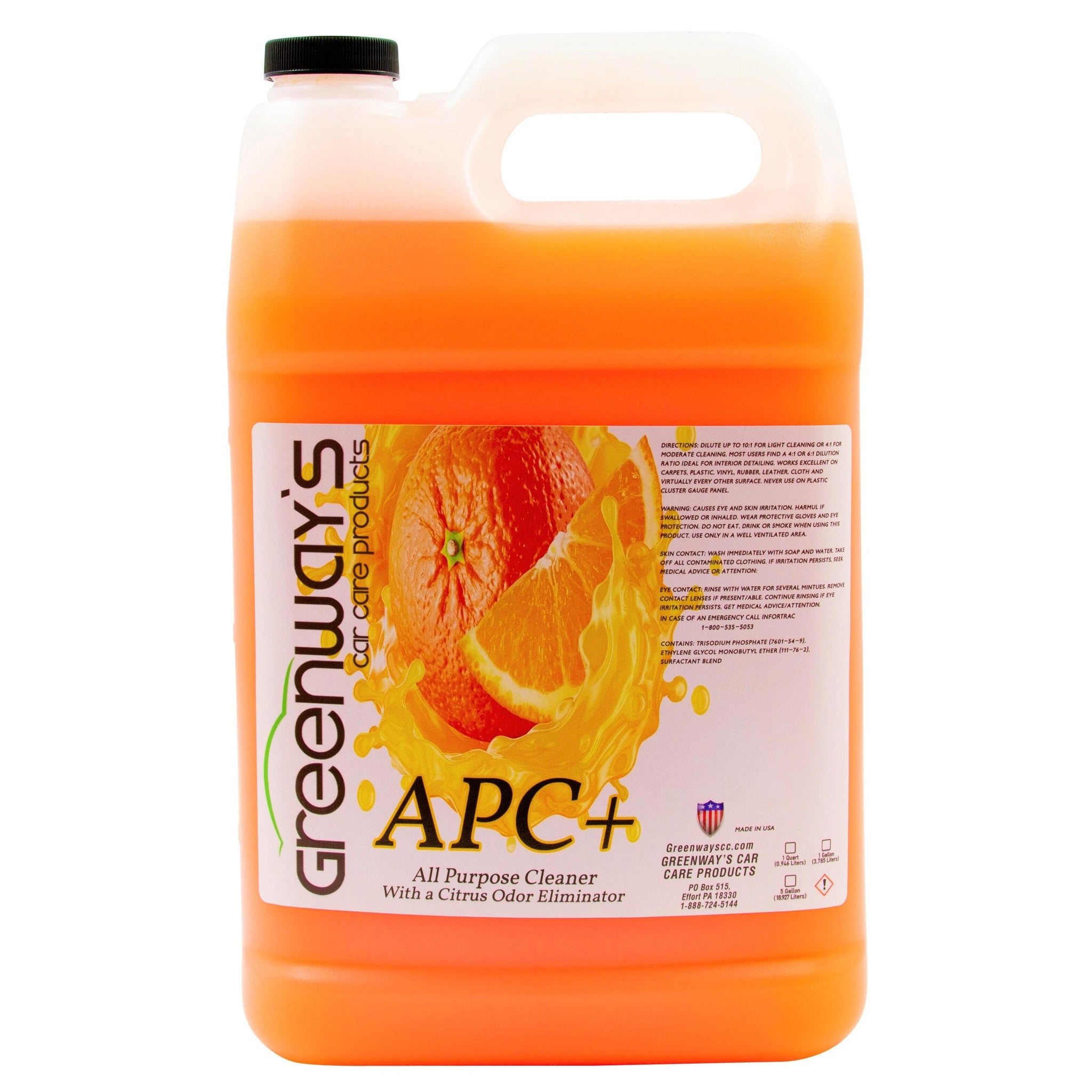 APC+, butyl-free all-purpose car interior cleaner with an odor eliminator, citrus-scented, 1 gallon.