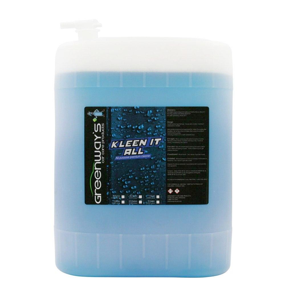 Greenway’s Kleen It All, non-butyl all-purpose cleaner, pleasant scent, free rinsing with optic brighteners, 5 gallons.