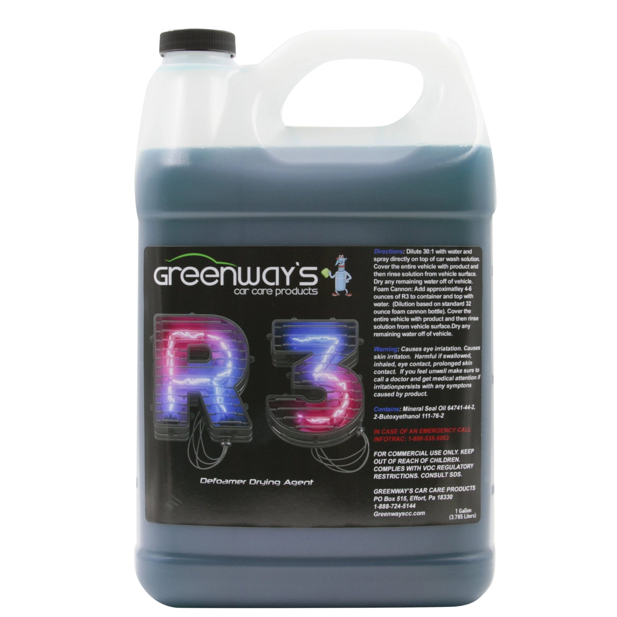 Greenway’s Car Care Products, R3, full-strength vehicle drying foam agent with optic brighteners, custom scented, 1 gallon.