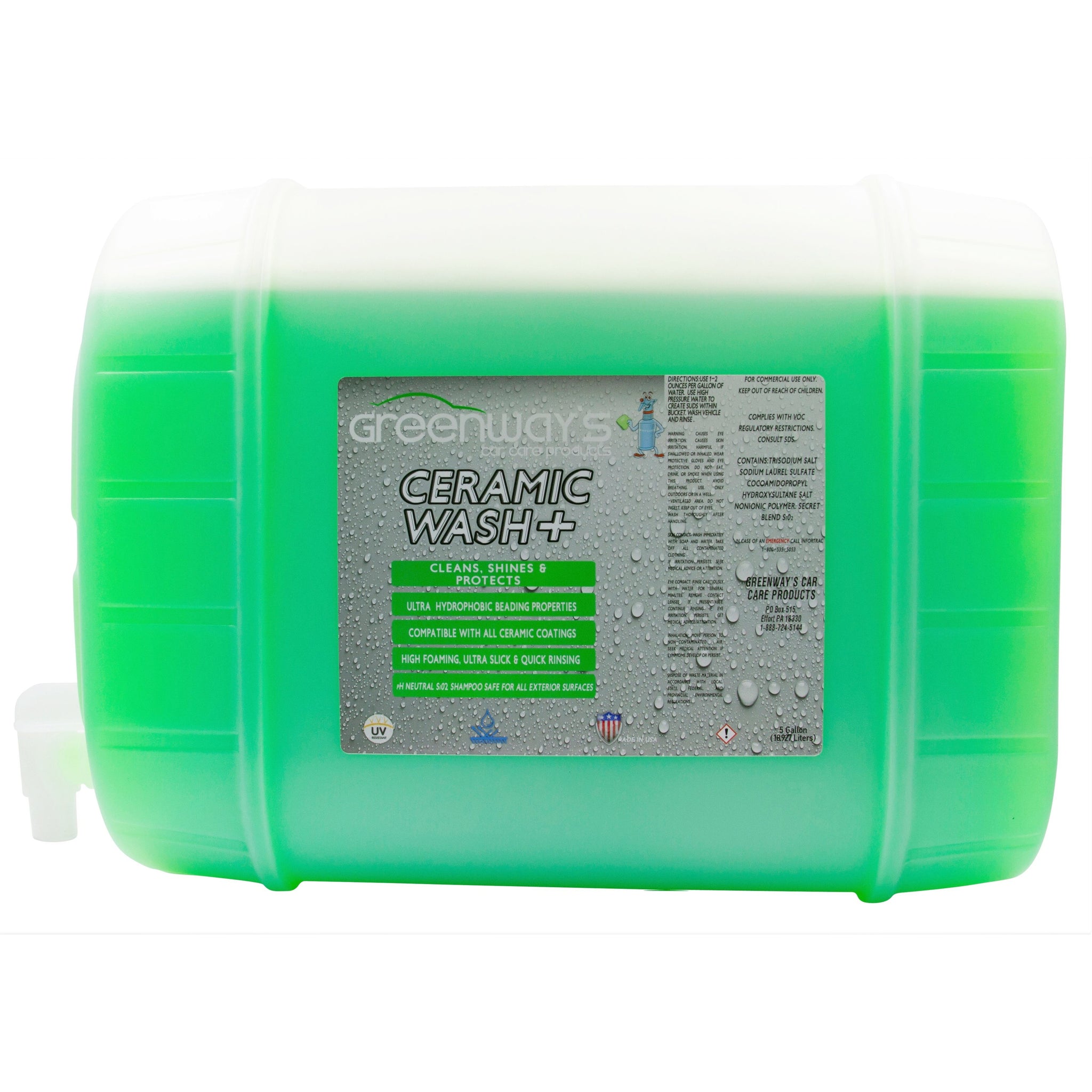 Greenway’s Ceramic Wash +, Si02 ceramic infused highly concentrated car soap with extreme foam and custom scent, 5 gallons.