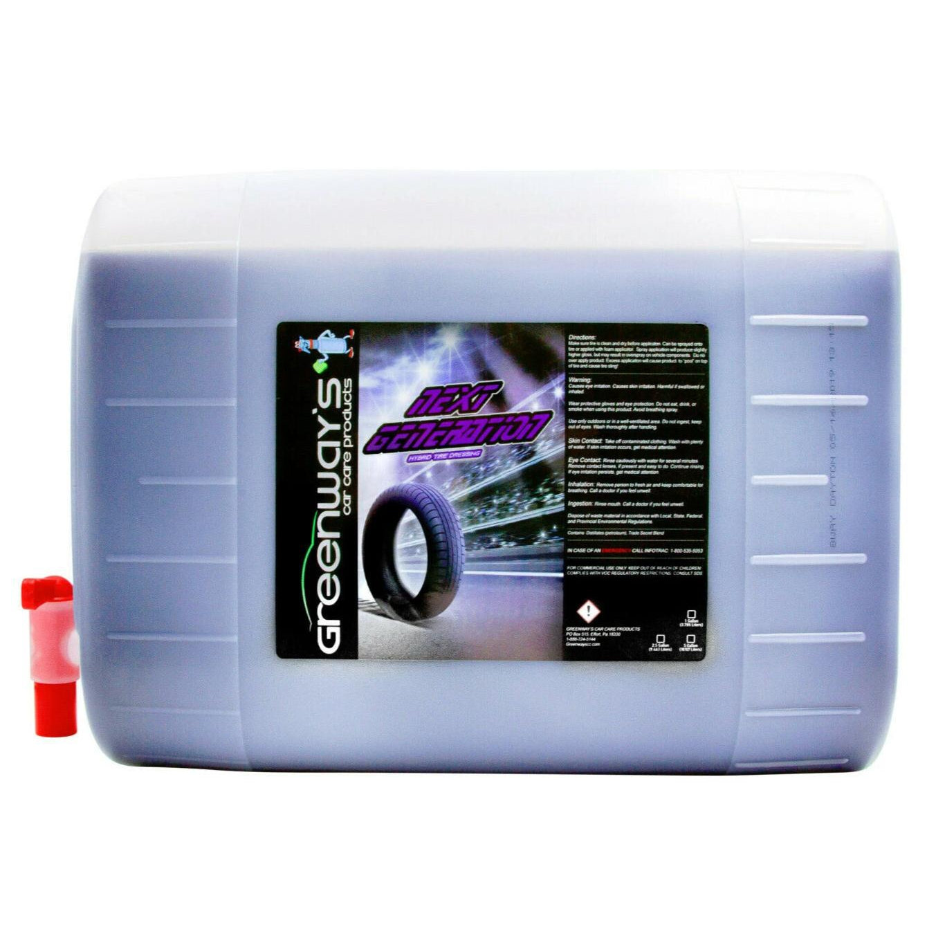 Greenway’s Next Generation Tire Dressing, high gloss shine, excellent leveling property, silicone and sling-free. 5 gallons.