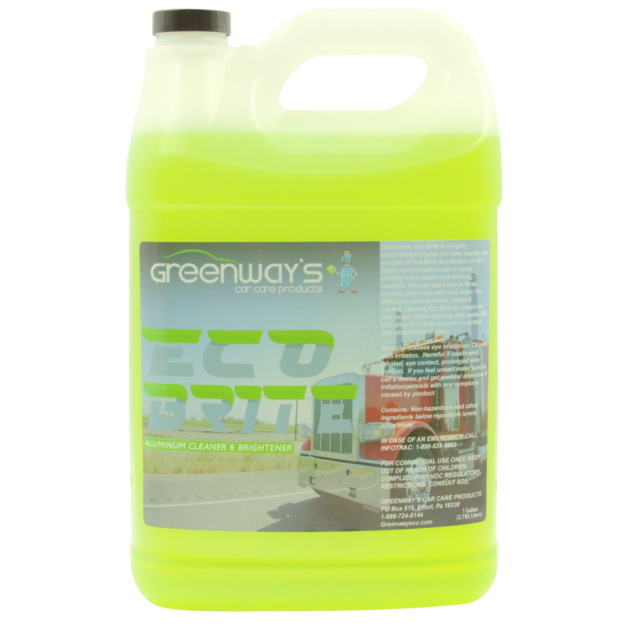 Greenway’s Eco Brite, concentrated, acid-free, eco-friendly, maintenance aluminum wheel cleaner and degreaser, 1 gallon.