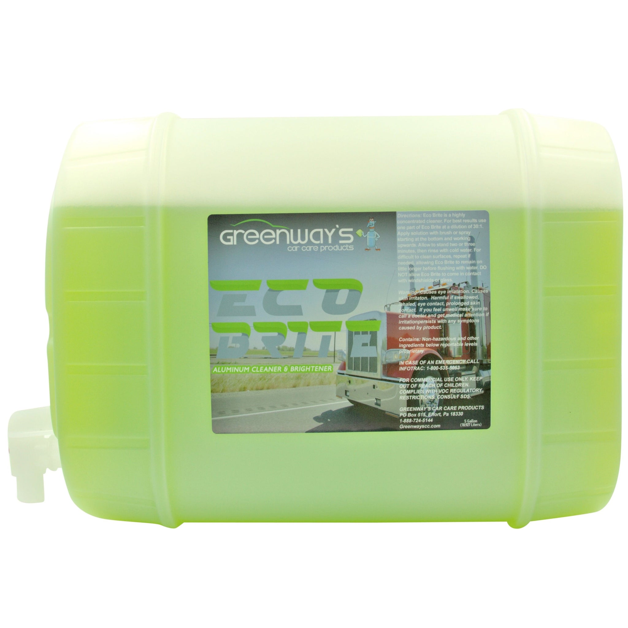 Greenway’s Eco Brite, concentrated, acid-free, eco-friendly, maintenance aluminum wheel cleaner and degreaser, 5 gallons.