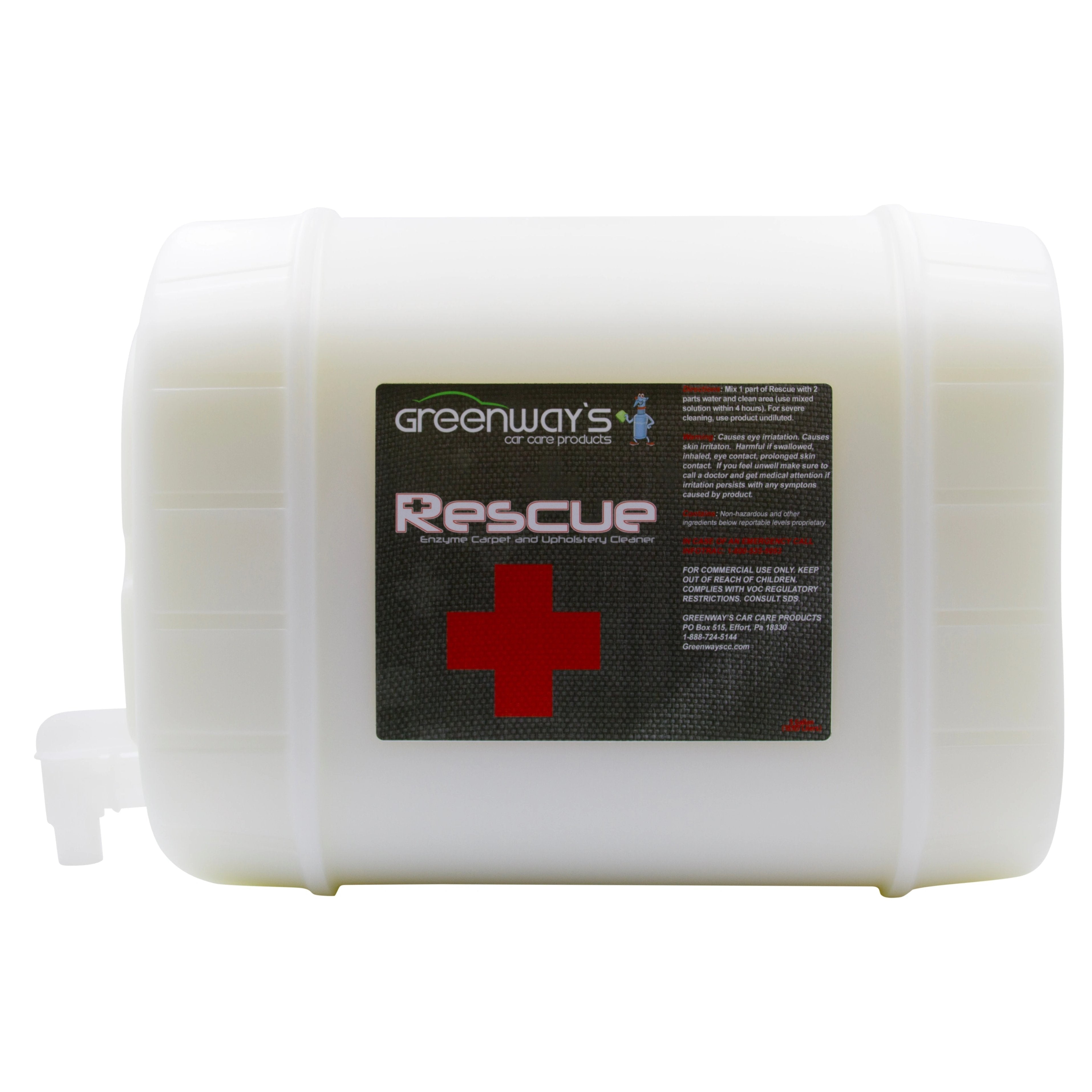 Greenway’s Car Care Products, Rescue, carpet and upholstery deodorizing cleaner for mold, vomit, feces, urine, more. 5 gallons. 