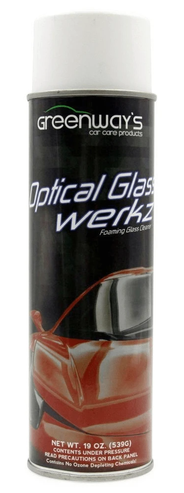 Greenway’s Optical Glass Werkz, foaming aerosol glass cleaner, safe on all tints, ammonia-free, pleasant scent, 19 ounces.