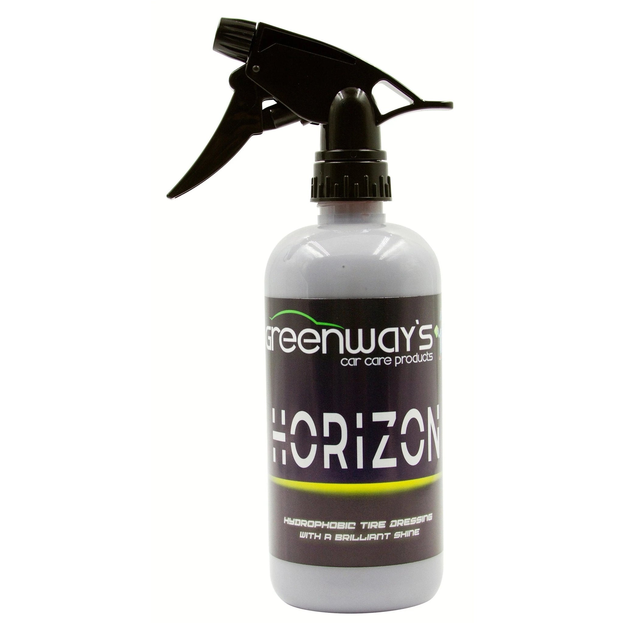   Greenway’s Horizon, high gloss, water-base, wet look, silicone-free, thin tire dressing spray, candy scent. 16 ounces.