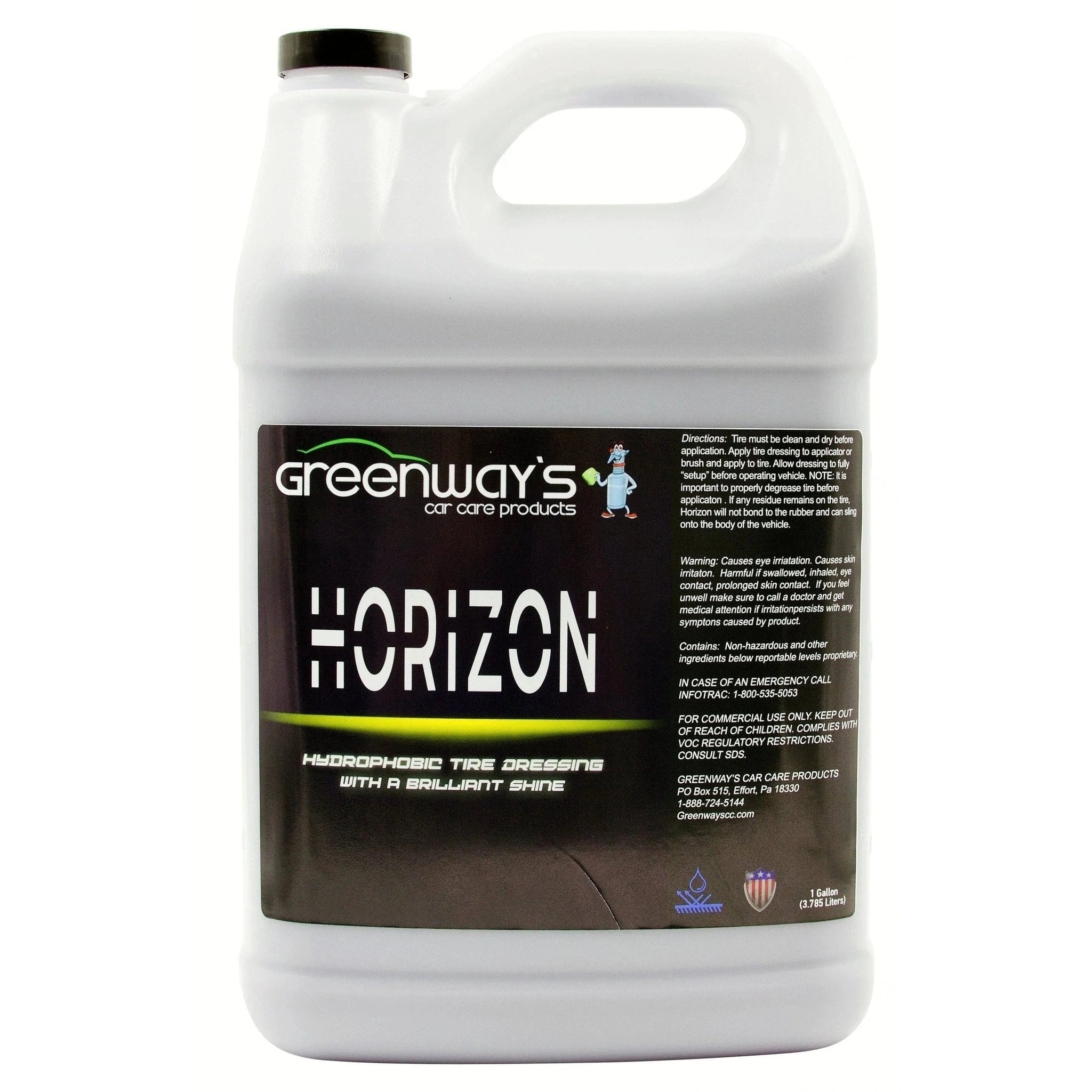   Greenway’s Horizon, high gloss, water-base, wet look, silicone-free, thin tire dressing spray, candy scent. 1 gallon.  