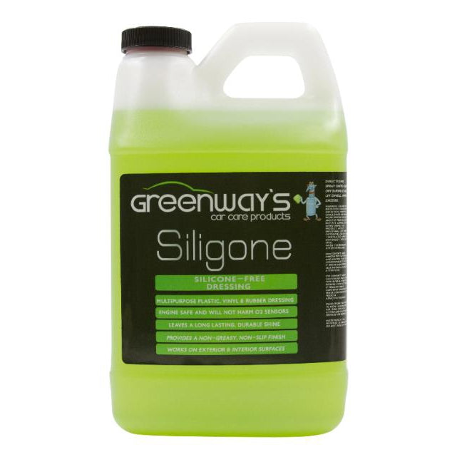 Greenway’s Siligone, silicone-free water-based, deep shine engine and exterior dressing, green apple lime scented, 64 ounces.