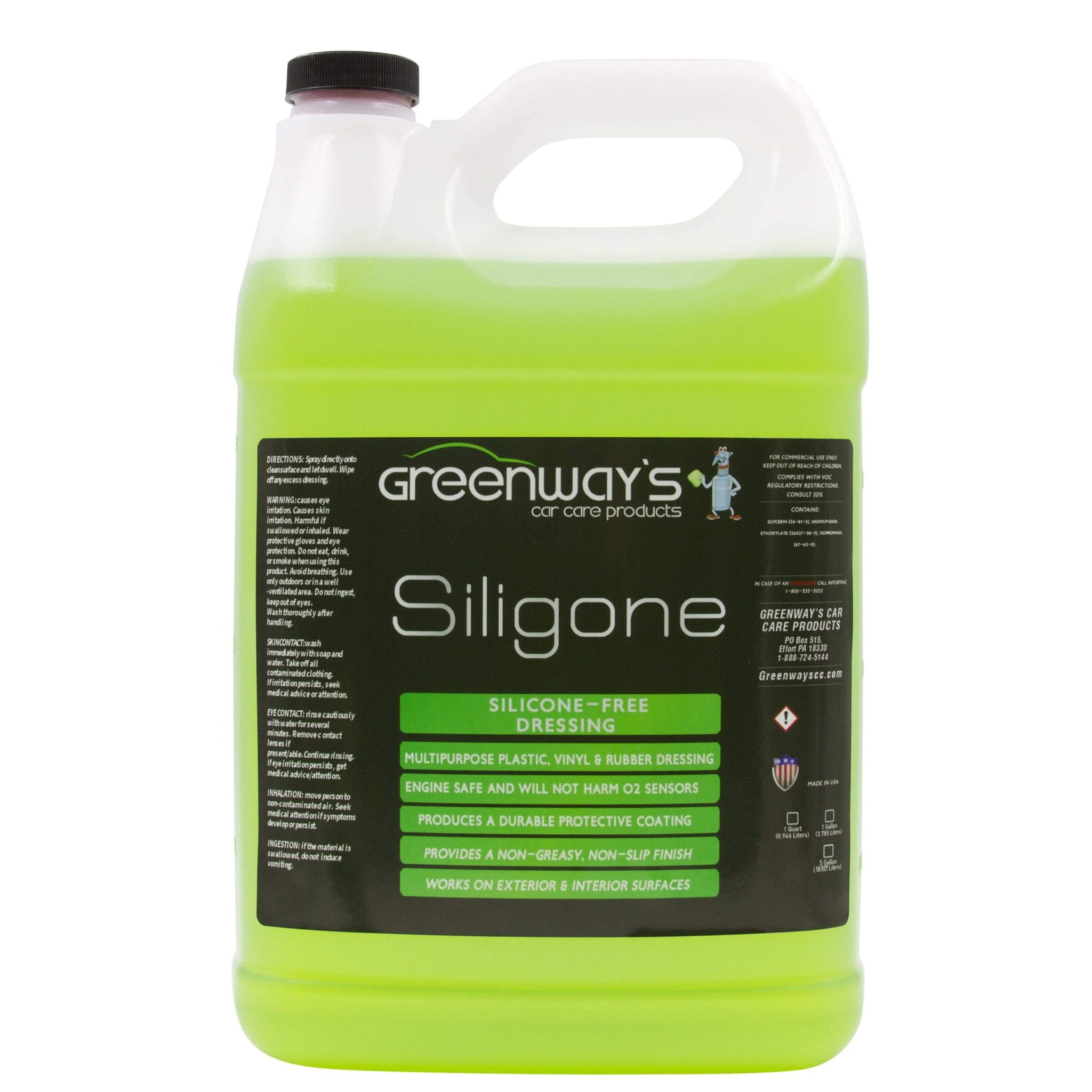 Greenway’s Siligone, silicone-free water-based, deep shine engine and exterior dressing, green apple lime scented, 1 gallon. 