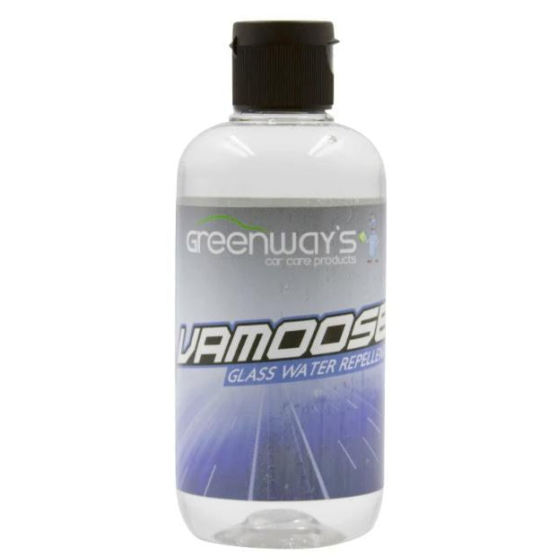 Greenway’s Vamoose Glass Water Repellent and Sealant, hydrophobic, crystal clear, quick hazing, easy removal, 8 ounces.
