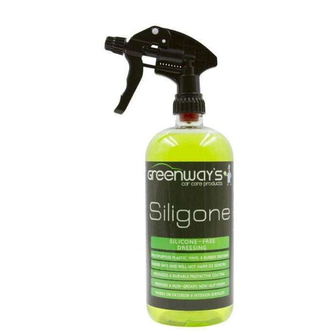 Greenway’s Siligone, silicone-free water-based, deep shine engine and exterior dressing, green apple lime scented, 32 ounces.