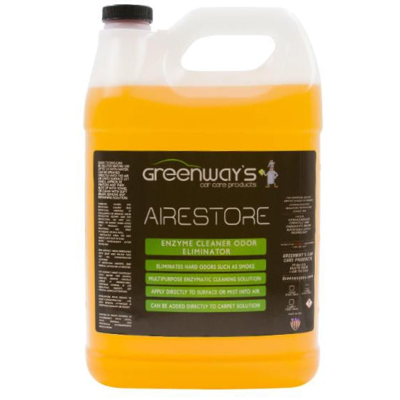 Greenway’s Airestore, citrus-scented enzyme cleaner and odor eliminator for car interior, carpet, upholstery, seat, 1 gallon.