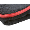 16" x 16" Super plush dual pile microfiber towel black with red edges with a 70/30 microfiber blend and 400 GSM.