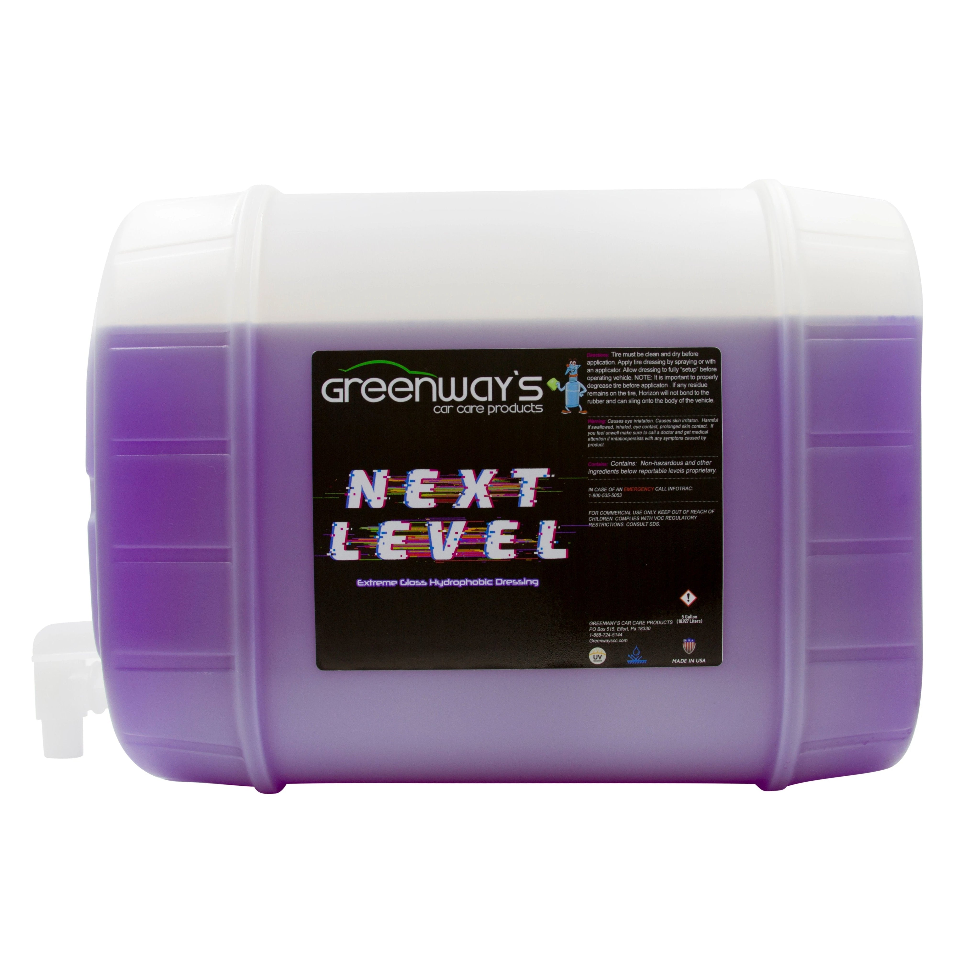 Greenway’s Next Level, extremely glossy, hydrophobic, silicone-free, water-based, sprayable tire shine. 5 gallons.