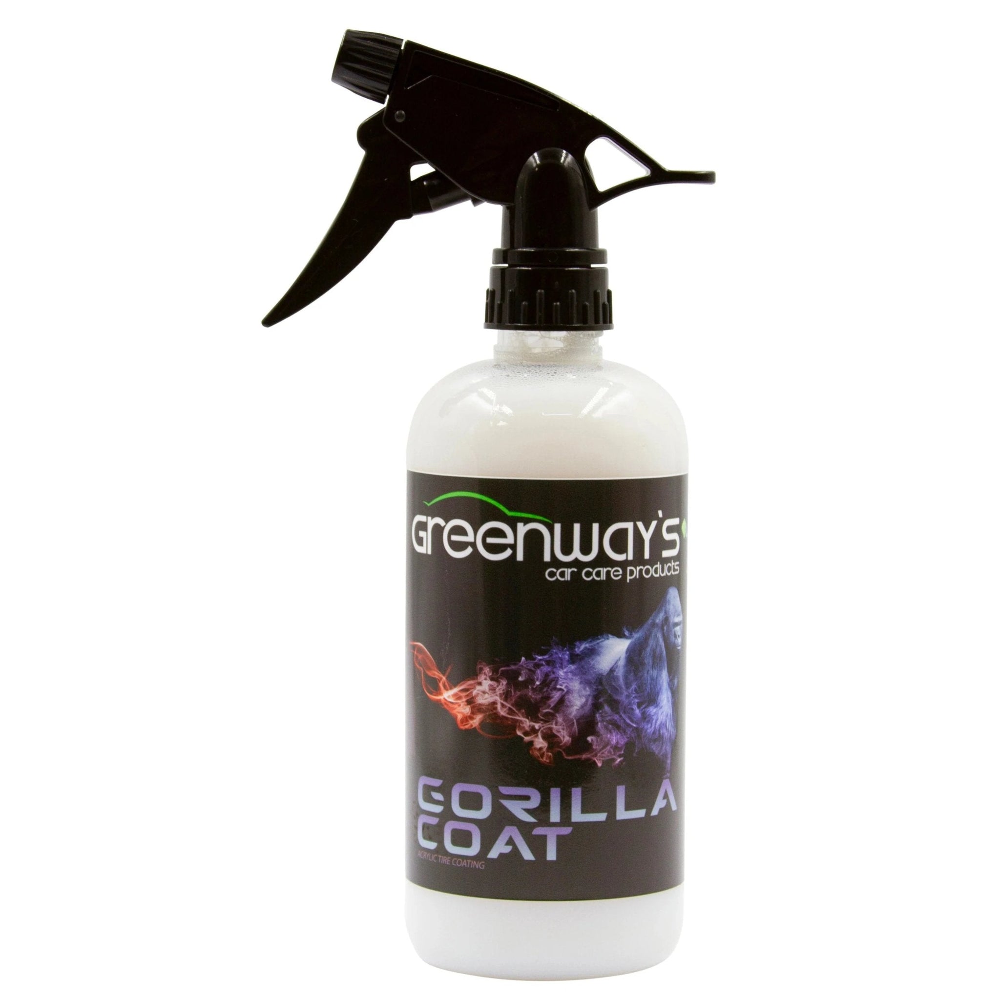 Greenway’s Car Care Products Gorilla Coat, semi-permanent, hydrophobic, satin or high gloss acrylic tire shine coating, 16 ounces.