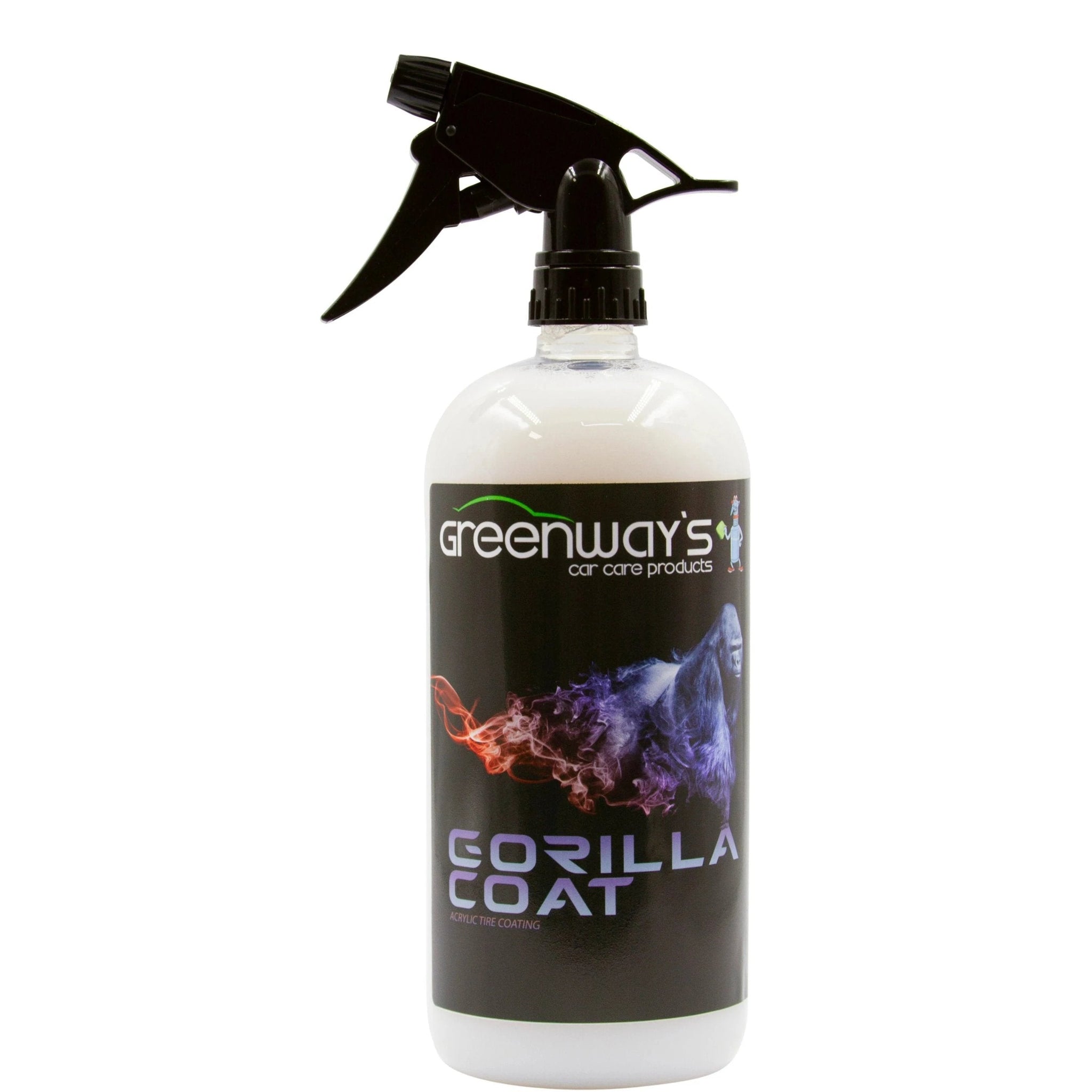 Greenway’s Car Care Products Gorilla Coat, semi-permanent, hydrophobic, satin or high gloss acrylic tire shine coating, 32 ounces.