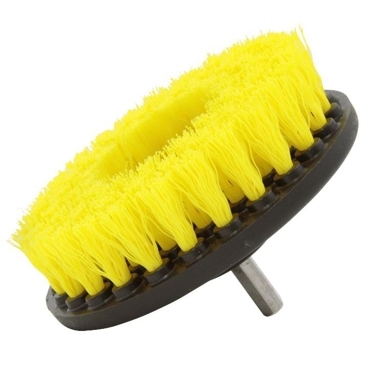 5" Yellow carpet and upholstery drill attachment brush with polypropylene bristles.
